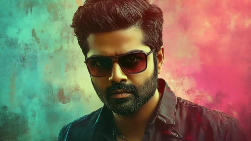 Portrait shows man in sunglasses against teal and pink backdrop