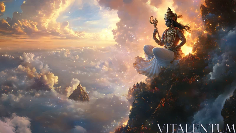 Divine figure meditates above glowing mountains and clouds.