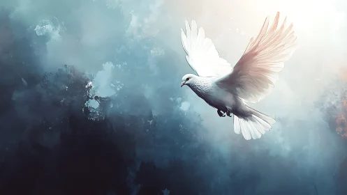White dove soars through luminous misty blue sky