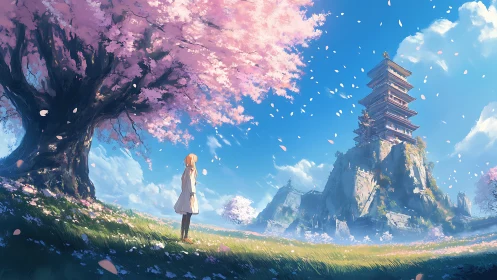 Blossom-wreathed tower dream under drifting sakura skies.