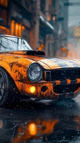 Vintage muscle car glowing warmly in a snowy city street.