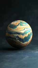 Swirling marbled planet floats softly in a calm dark space
