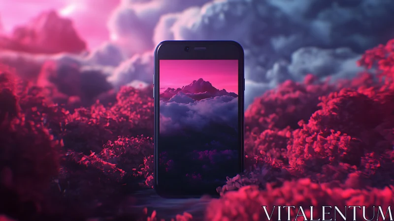 Dreamy smartphone portal glowing in a pink misty landscape.