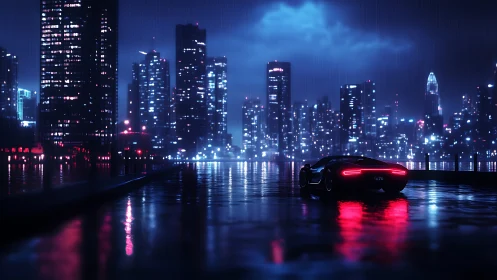 Neon skyline rainstorm with lone supercar burning red trails.