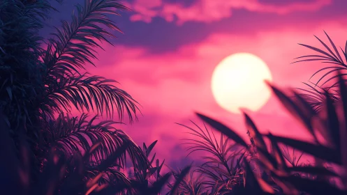 Dreamy tropical palms bask in a glowing pink sunset