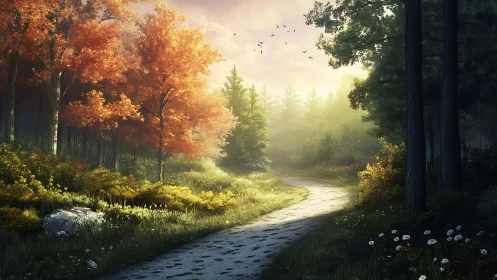 Forest Stream Path Rendered with Seasonal Transition Lighting