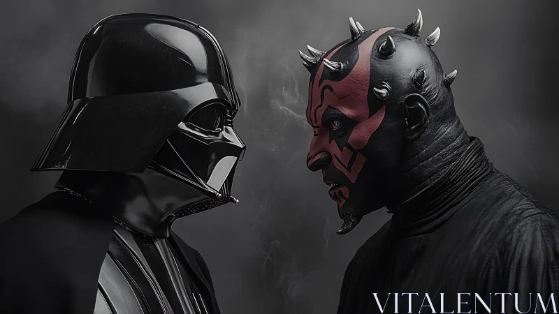 Dark duel of horned fury and masked menace in smoky void.