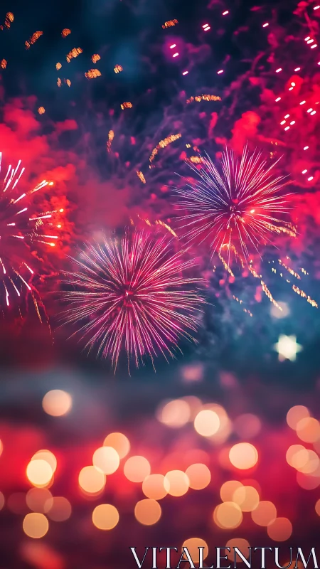 Long-exposure pyrotechnic burst with defocused bokeh foreground.