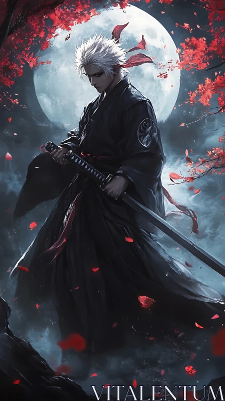 Moonlit swordsman beneath crimson blossoms in stormed silence.