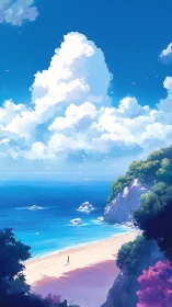 Digital painting seascape with towering clouds and solitary figure.