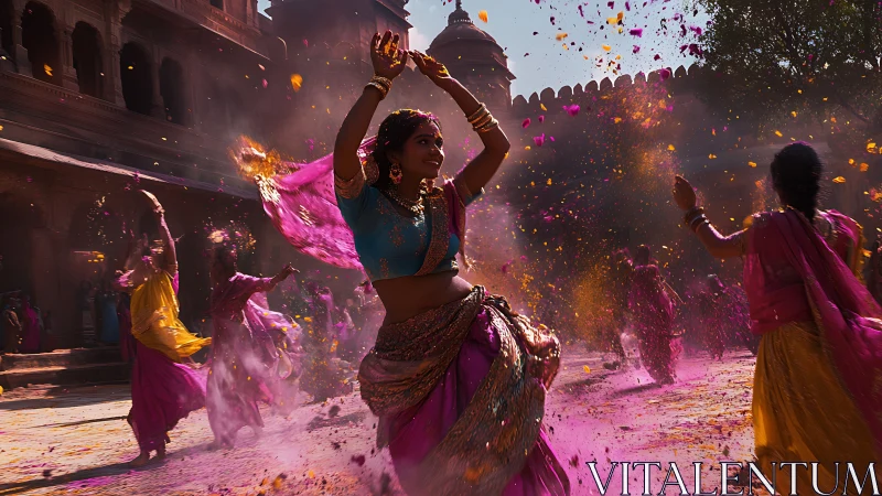 Women Dancing During Holi Festival in Vibrant Traditional Attire.