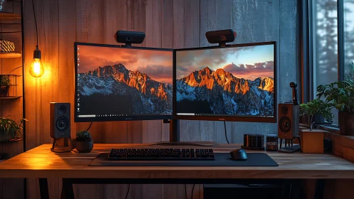 Dual ultrawide workstation in warm key lighting with balanced acoustics