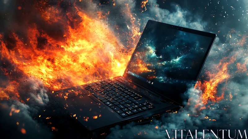 Laptop engulfed in cosmic flames amid dense digital smoke.