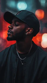 Digital painting portrait with neon bokeh and side profile emphasis.