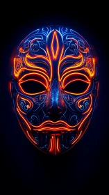 Neon-lit tribal mask glowing in electric blue and ember red.