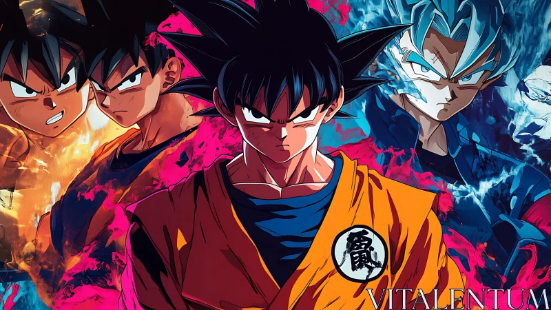 Anime warrior in orange gi with multiple dynamic forms.