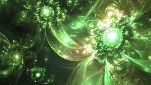 Luminous fractal flowers with radiant emerald cores.