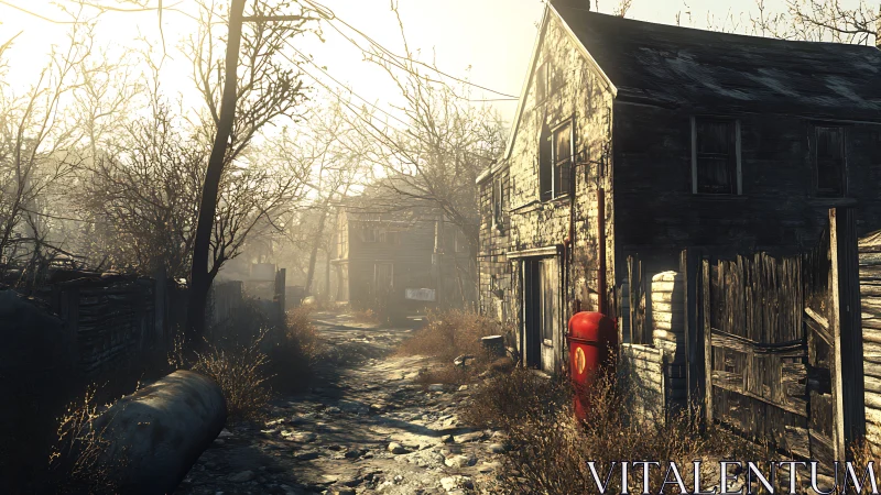 Rendered rural alleyway shows weathered houses and leafless trees