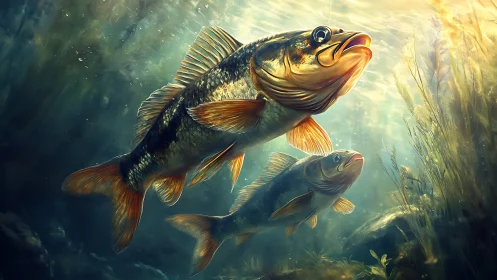Golden river fish gliding through a glowing underwater world.