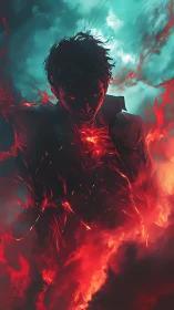 Infernal figure igniting within stormlit cyan clouds.