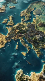 Continents curl like carved brass beneath teal European seas