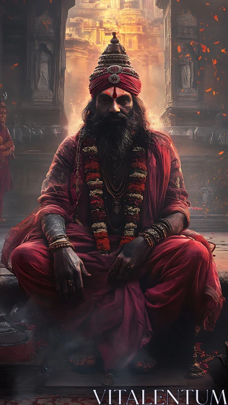 Ascetic mystic seated before luminous temple gateway in red robes