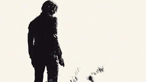 Silhouetted lone figure stands on blank ground, partly erased