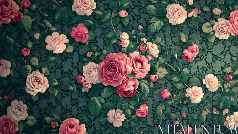 Velvet blossoms quietly overgrow the patterned emerald wall