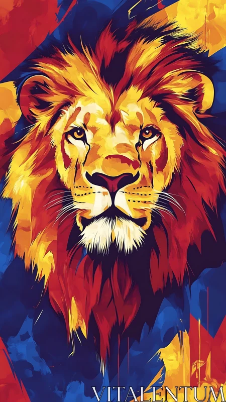Lion portrait blazes in vibrant abstract primary color fire.