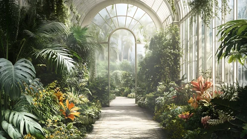 Sunlit greenhouse corridor contains dense tropical foliage