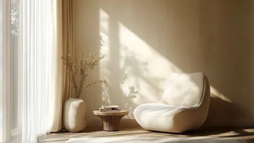 Neutral lounge corner with armchair and soft daylight.