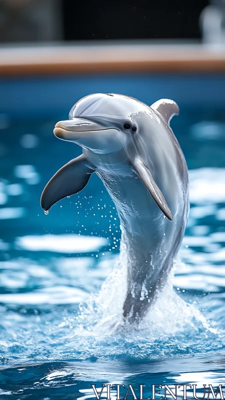 Bottlenose dolphin leaping from clear blue pool water.