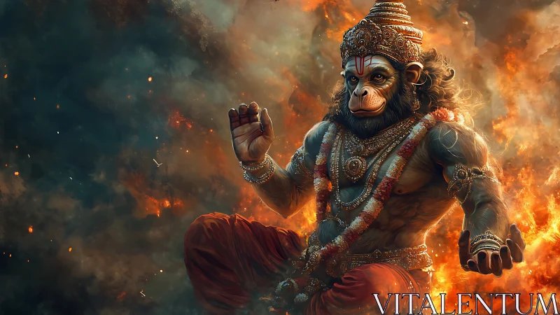 Flaming skies cradle a serene monkey warrior in prayer