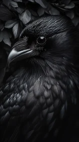 Close view of black corvid bird with detailed plumage.