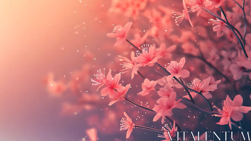 Pink Cherry Blossoms with Sparkling Light Particles.