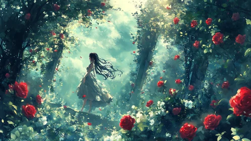 Girl wandering through a sunlit forest of drifting roses.