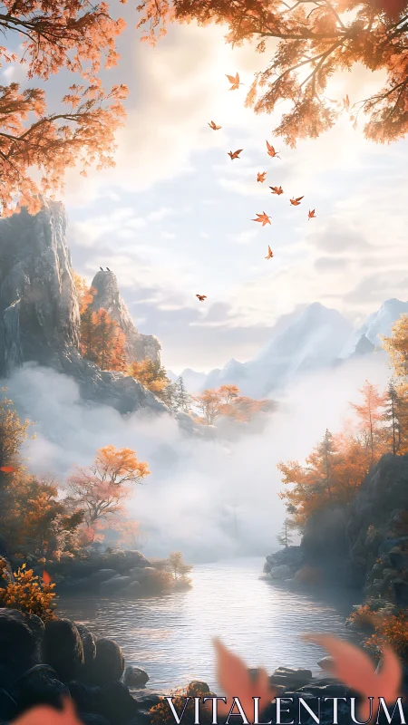 Autumn river valley with misty mountains and scattered leaves.