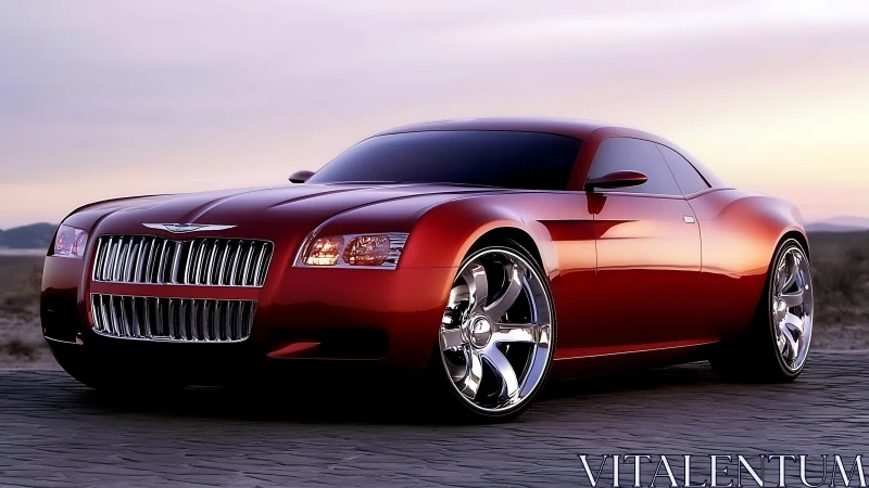 Sleek red concept coupe glows under a pastel desert sunset.