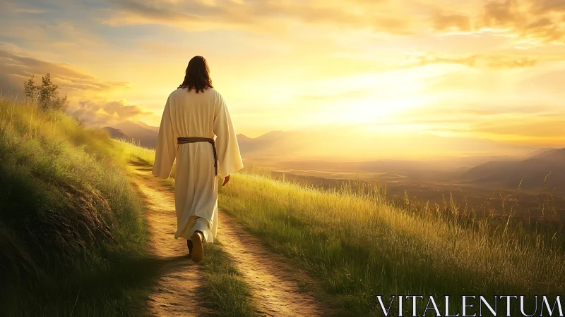 Backlit robed figure walks sunlit hillside path toward glowing horizon