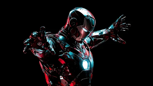 Armored superhero in dynamic pose on dark black background.