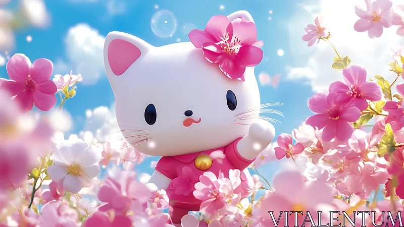 White cartoon cat figure among dense pink blossoms.