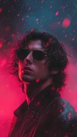 Neon-lit portrait of sunglasses-wearing man in crimson haze.