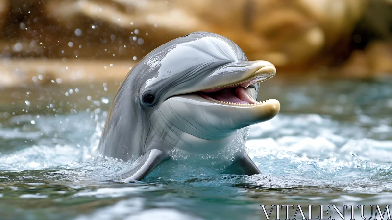 Photorealistic bottlenose dolphin surfacing amid dynamic splashes