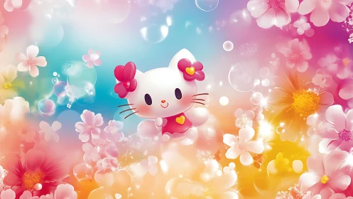 Candy-bright kitten floats through blooming pastel daydreams