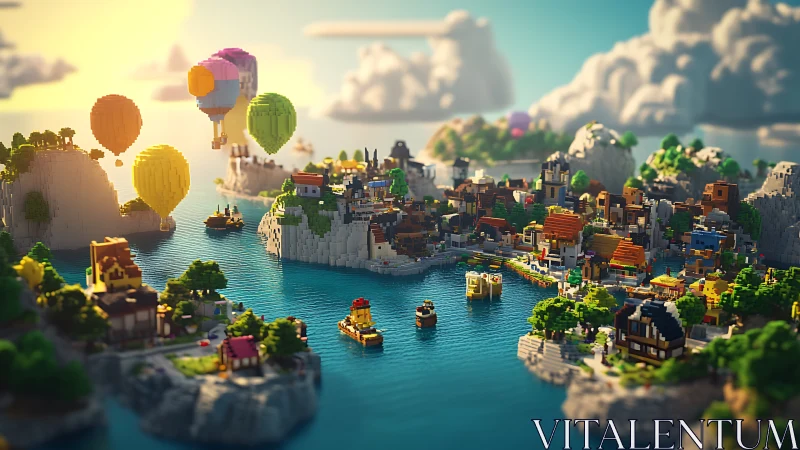 Voxel seaside harbor with hot air balloons under warm daylight
