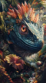 Reptilian creature with floral elements integrated into foliage