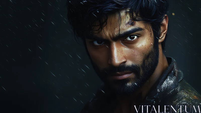 Brooding warrior’s intense stare through driving rain.