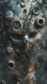 Forged mechanical visage in distressed metallic relief sculpture.