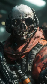 Skull-faced commando smiles coldly through the combat static