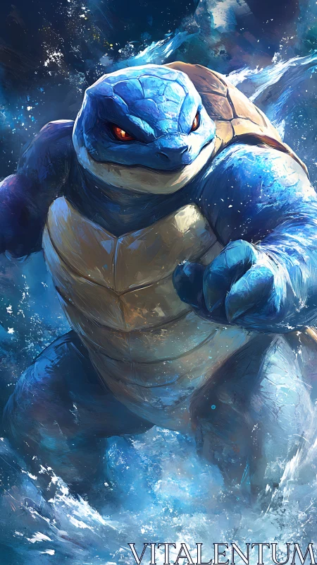 Mighty blue turtle warrior surges forward in crashing surf